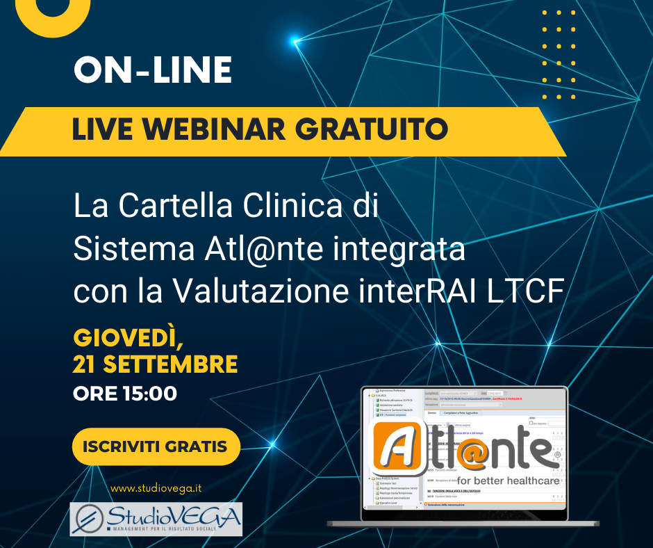 Iscrizioni aperte per il Live Webinar Gratuito sul tema La Cartella Clinica di Sistema Atl@nte integrata con la Valutazione interRAI LTCF | Dedicato alle strutture della Regione Umbria